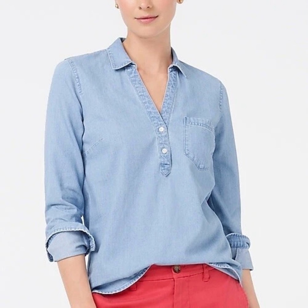 J Crew Blue Chambray Popover Henley Long Sleeve Shirt Size Small Denim Top - Picture 9 of 10